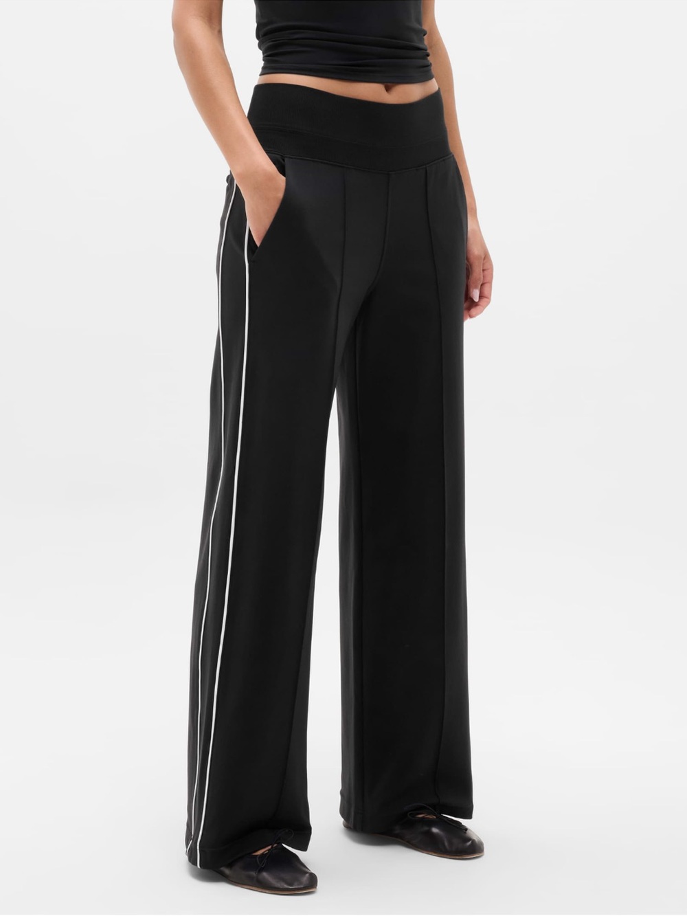 Athleta Venice High Rise Wide Leg Track Stripe Pants Black Pockets Women's Large